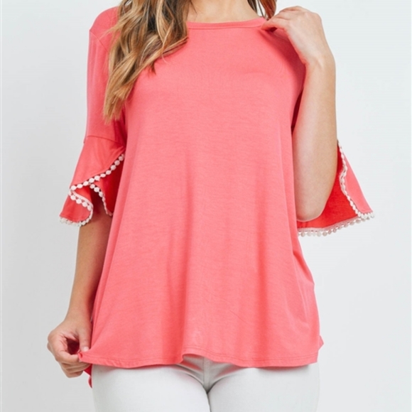 Tops - Coral Bell Flutter Sleeve Top with PomPom Details